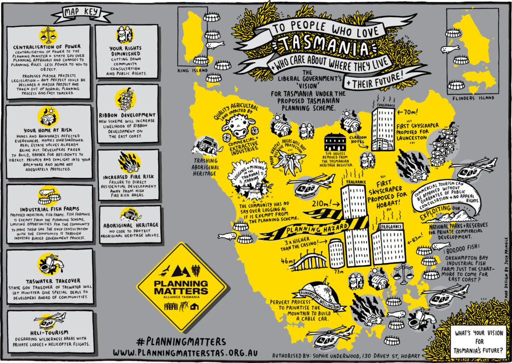 Graphic map of Tasmania representing possible planning outcomes