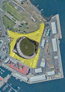 Scale map showing Blundstone Arena, 19,500 ground capacity, overlaid over approximate location of Mac Point in yellow. The proposed stadium’s footprint will likely be larger to serve a 23,000 ground capacity.