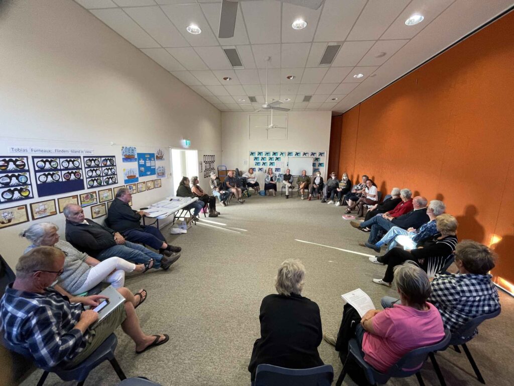 PMAT Flinders Island Community meeting, with approximately 25 people in attendance, 20 March 2023.