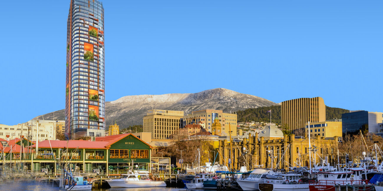 Skyscrapers in Hobart: Artist's impression of the previously proposed 200 metre Fragrance skyscraper in Hobart. Image: Tasmanian Conservation Trust.