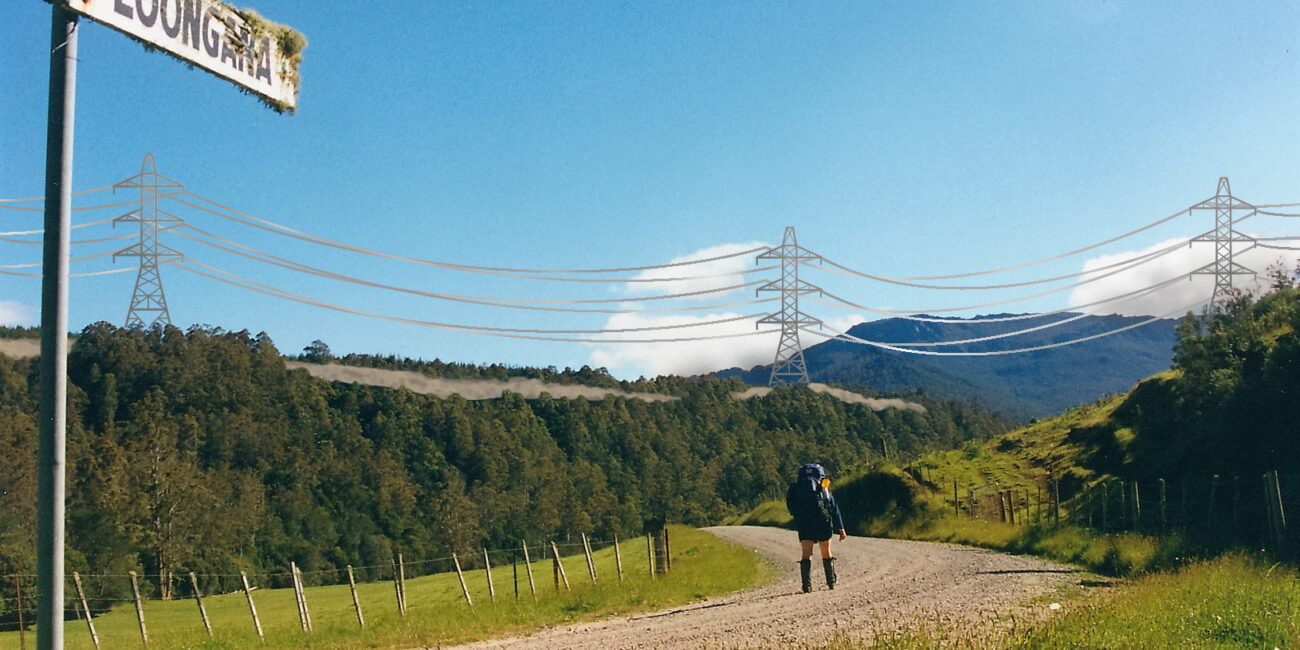 Transmission lines & Towers: Artist Impression of Transmission Line and Towers in Loongana Valley dissecting the Penguin to Cradle Trail. Image: SOLVE - Supporting Our Loongana Valley Environment.