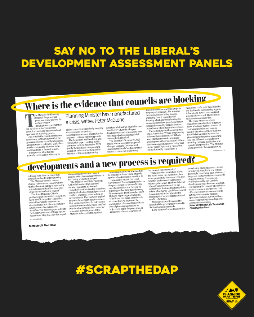 "Say No to The Liberals Development Assessment Panels" newspaper clipping
