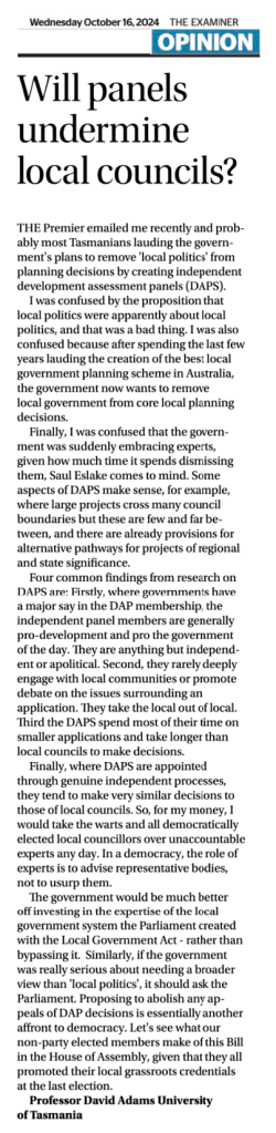 Will panels undermine local councils. Published in The Examiner 16 October 2024